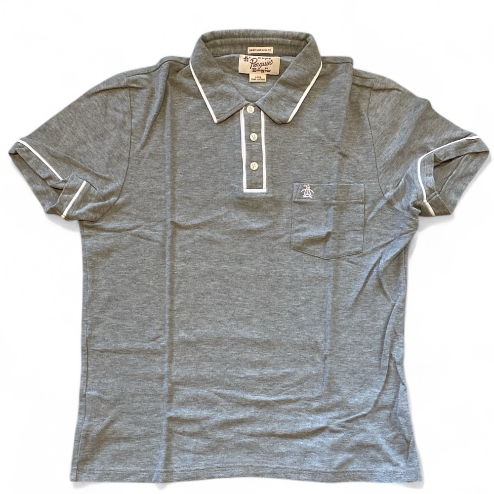 Original Penguin Gray Polo with White Trim One chest pocket w Penguin Logo NWOT